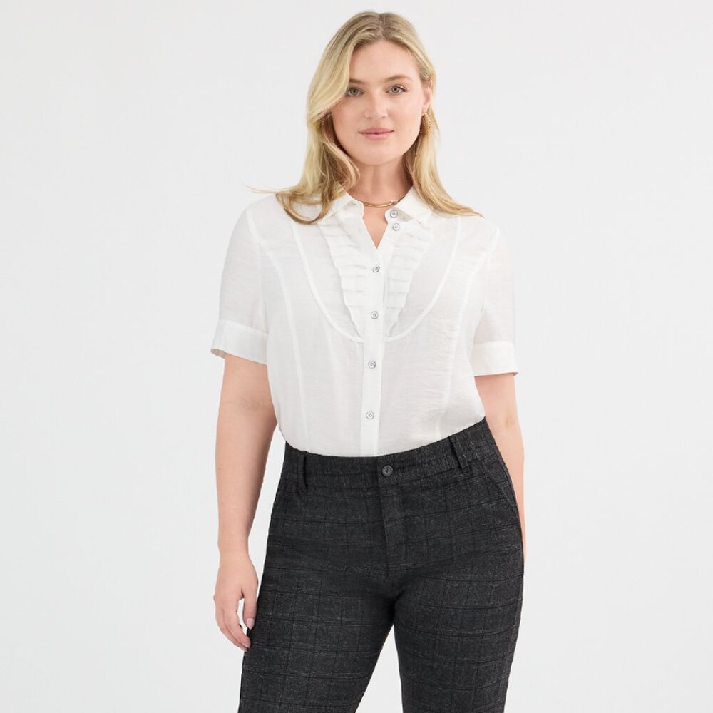 CAbi White Ruffle-Front Short Sleeve Blouse